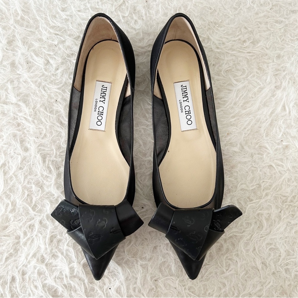 Jimmy Choo Lani Black Leather Mesh Flats Bow Logo Accent Size EU 38